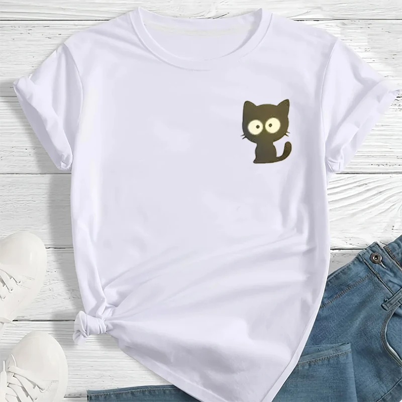 

Kawaii Cat Printed Women T-shirt 2025 Summer Loose Cartoon Pullover Short Sleeve T Shirt Female O-neck Casual Unisex ClothesTop