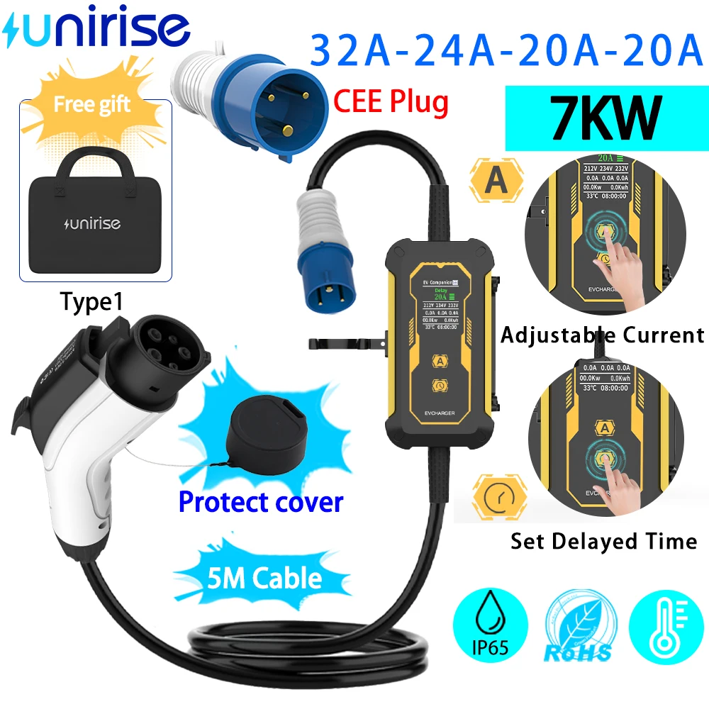 Unirise 7KW Type1 SAE j1772 Portable EV Charger with 32A Type1 J1772 Outdoor Car charger EVSE Fast Charging 5M Cable CEE Plug