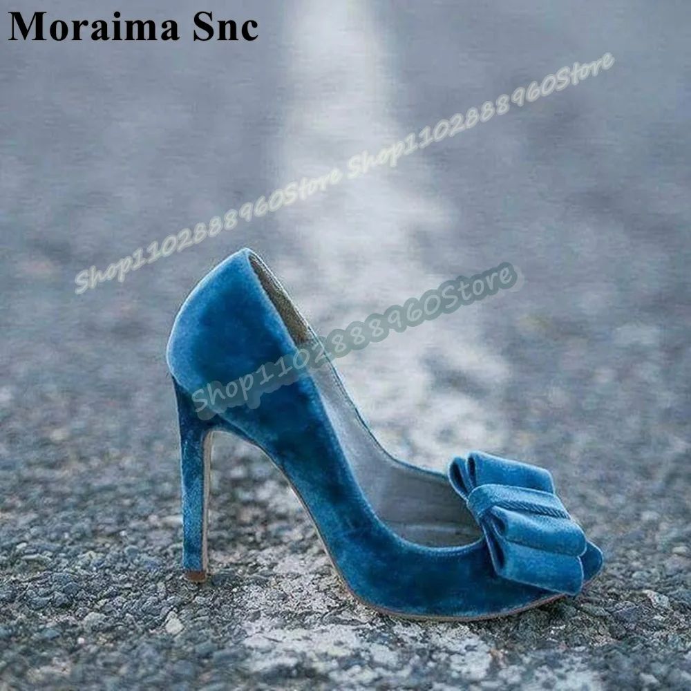 

Banquet Blue Suede Shallow Bowknot Pumps Stilettos High Heel Shoes For Women Slip On Pointed Toe Party Luxury Zapatos Para Mujer