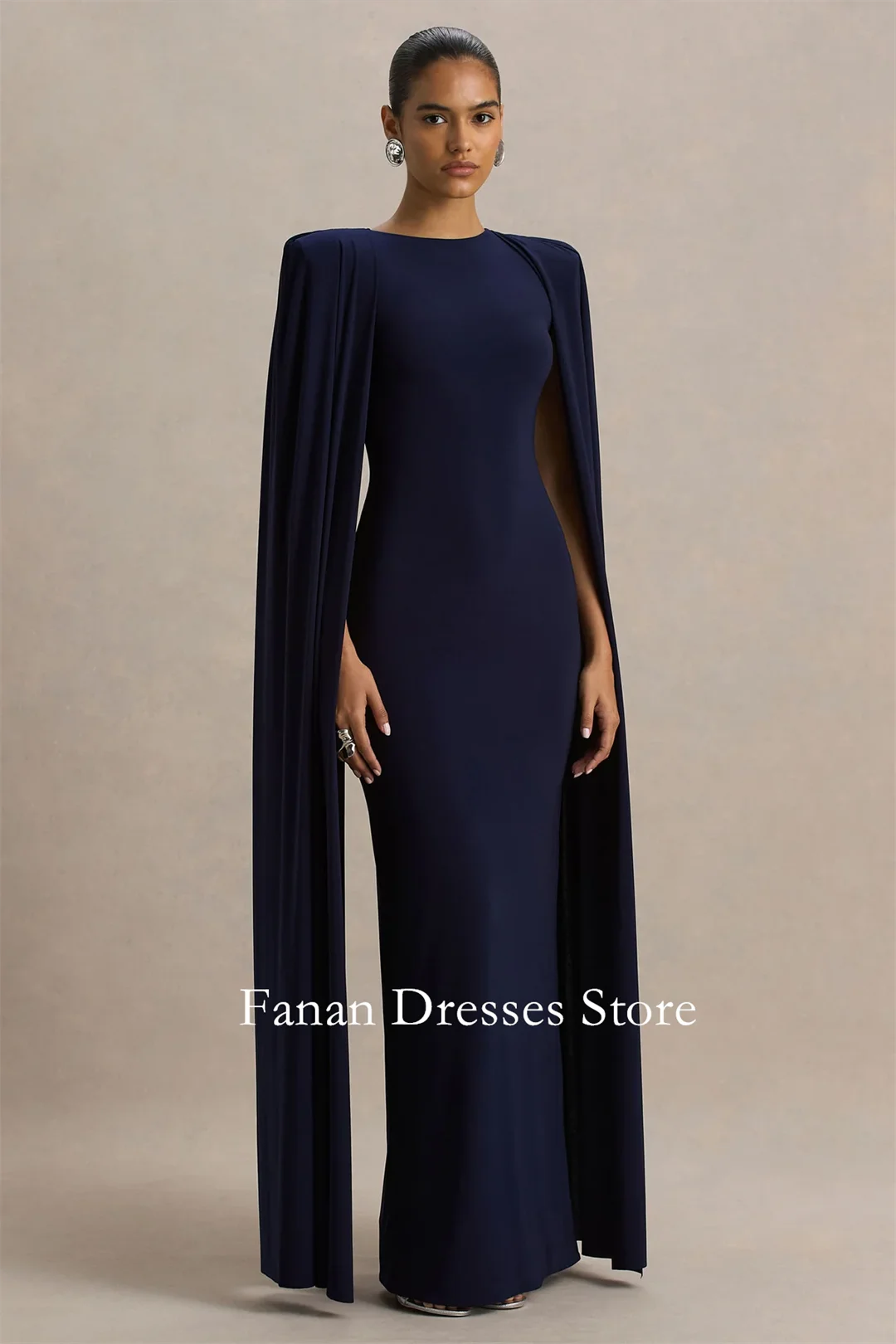 

FANAN Crepe Evening Party Dresses Navy High-Neck Maxi Dress With Cape Sleeve Wedding Women Gowns Event Prom Gowns Customized