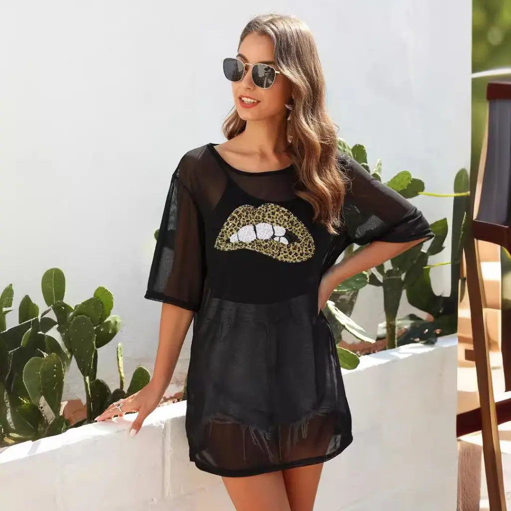 

Summer Fashionable See-Through Mesh Blouse Lip Stickers Mid-Length T-Shirt Sexy Style Women's Casual Top
