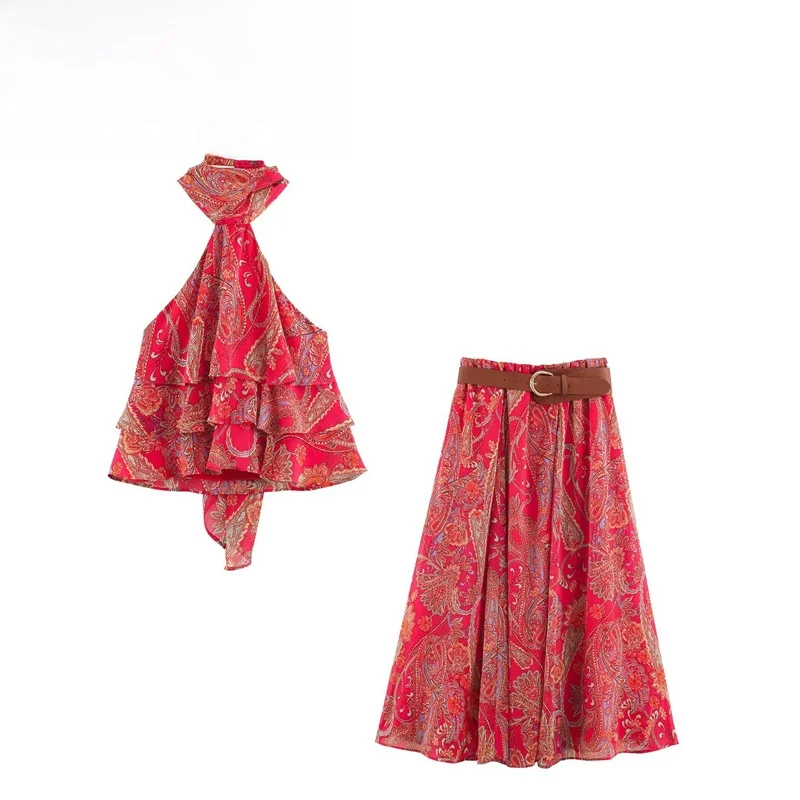 Fashionable Women's Outfit with Belt Neck Hanging Top And Skirt Short Length Suitable for Spring Summer Autumn Seasons