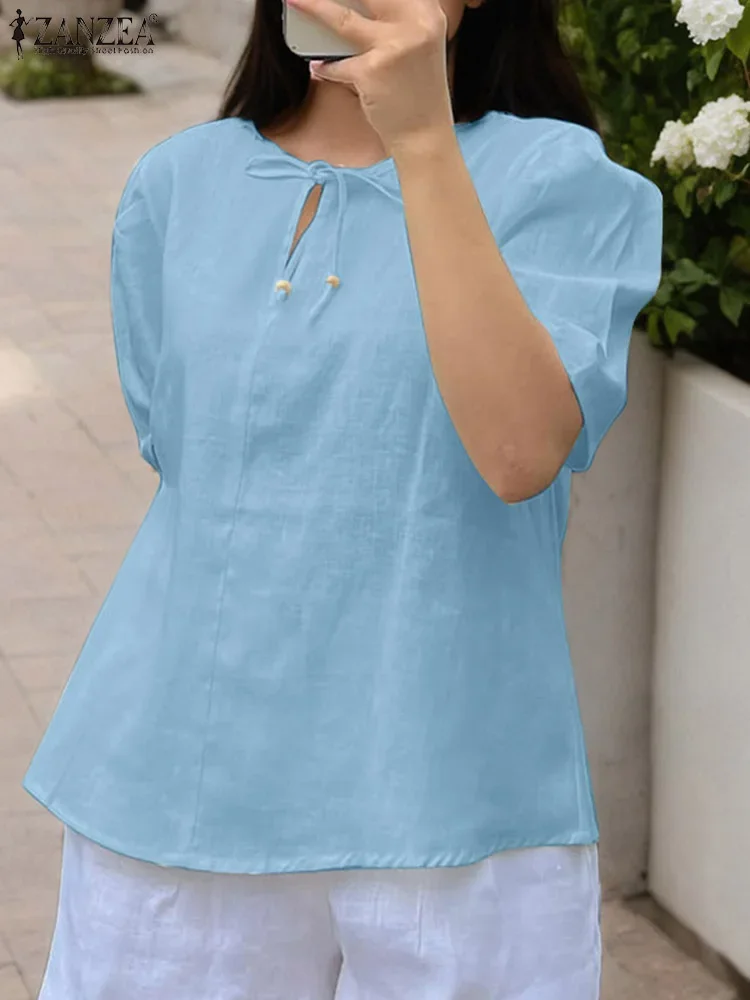 ZANZEA Damska Casualowa Bluzka Modne Koszule Krótki Rękaw Dekolt O-Neck Bandaż Tunika Top 2025 Lato Luźna Jednolita Kolor Elegancka Bluzka