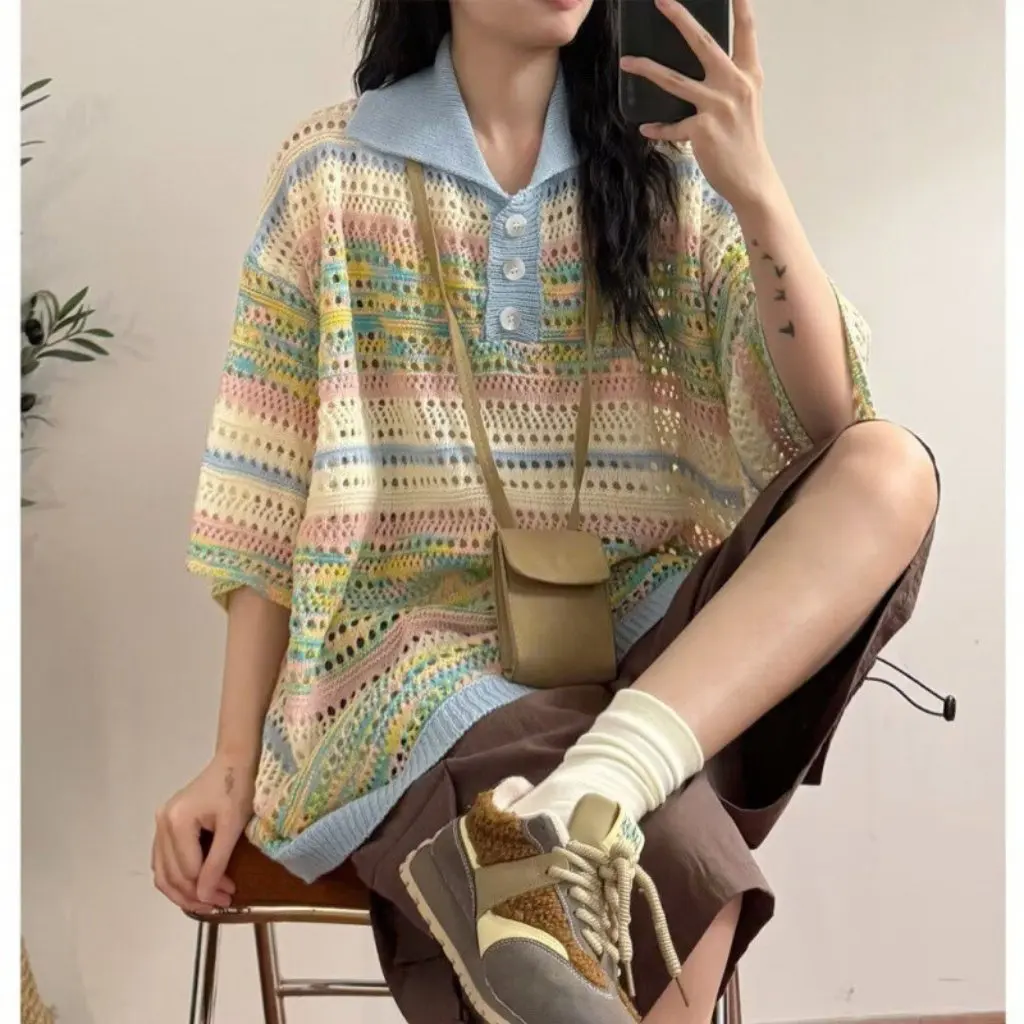 

Summer New Women's Loose American Style Retro Striped Gradient Hollow Lapel T-Shirt Polo Top Spring And Summer New