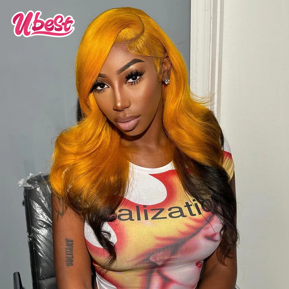 

Ombre Yellow 1b Colored Body Wave 13x6 Lace Front Wigs Brazilian Hair Transparent 200% Density 100％ Human Hair Wigs For Women