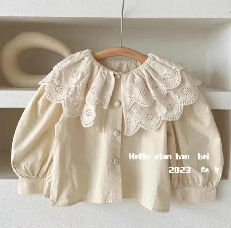 

Spring and Autumn Girls' Retro Foreigner Lace Shirt Children's 2024 Fashion Solid Color Long Sleeve Top Baby Shirt