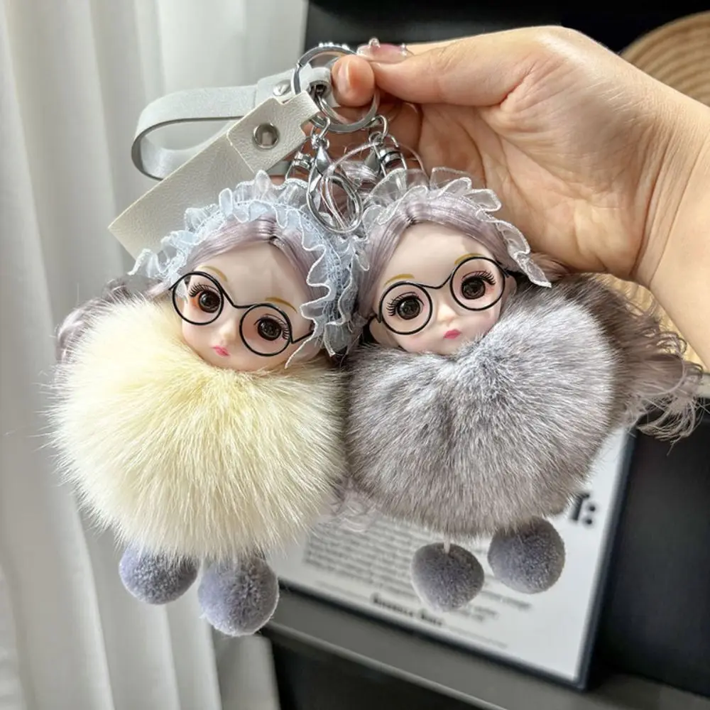 Funny Kawaii Pompom Sleeping Baby Keychain Bowknot Hairball Plush Dolls Pendant Bag Hanging Wavy Hair Fluffy Toys Gift