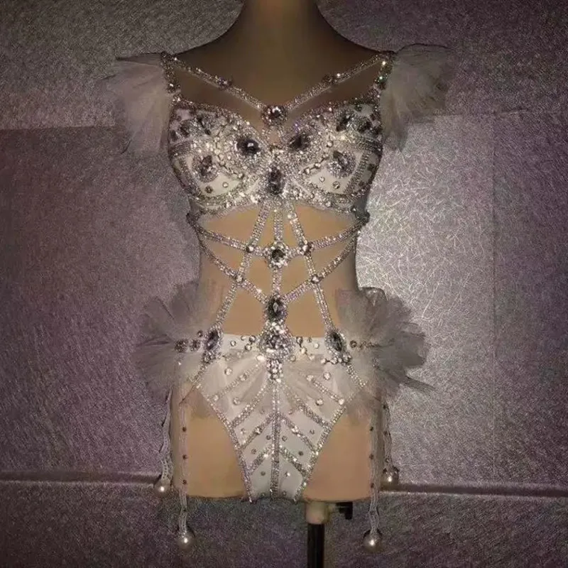 

Sexy Nightclub Bar Singer Dancer Shining Rhinestones Beads Bodysuit Performance Costume Pole Dance Team Party Show Bikini Outfit