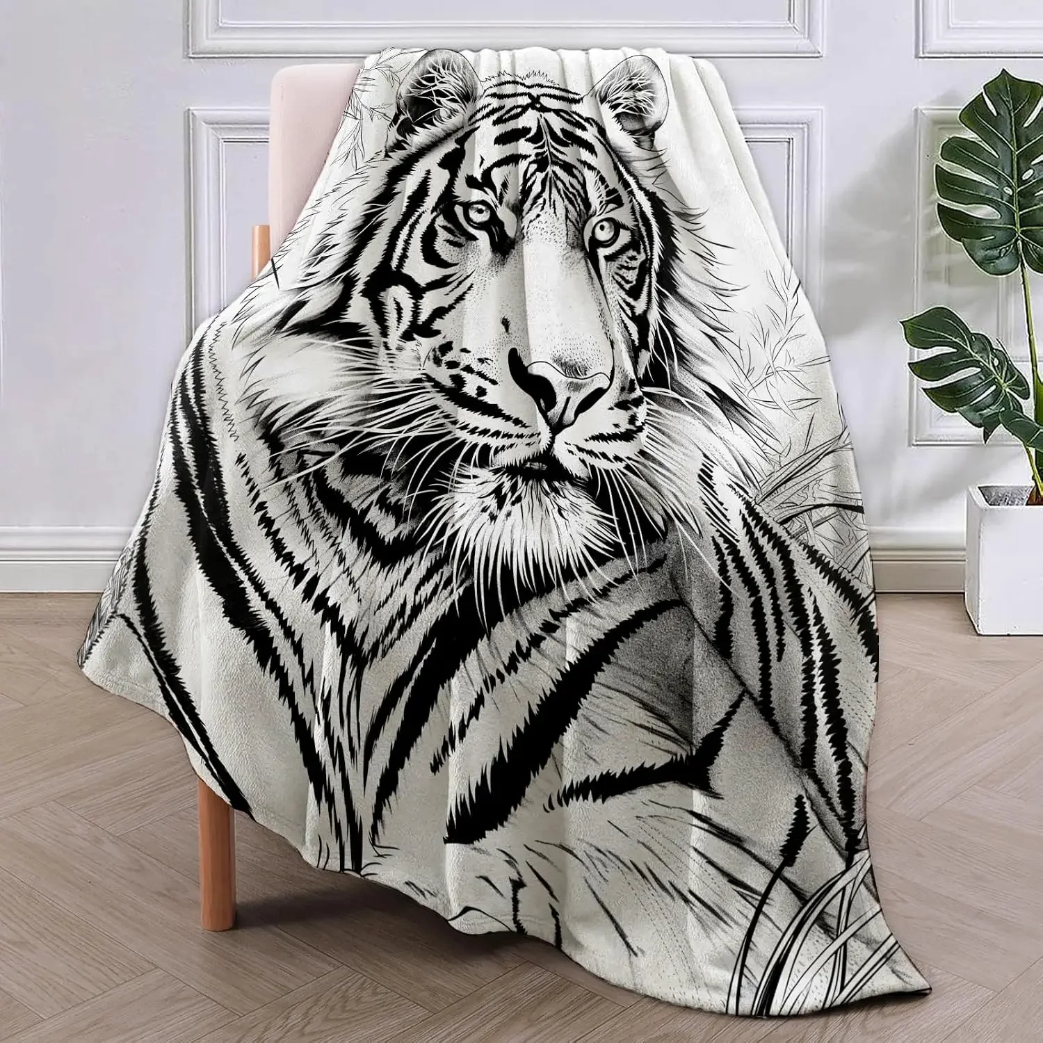 Black White Sketch Tiger Head Bamboo Flannel Blanket,Realistic Hand Drawn Wild Animal Print Soft Throw for Bedroom Sofa Wildlife