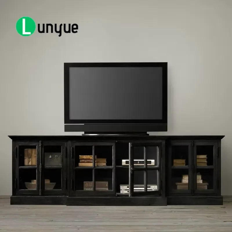 American French Style Solid Oak TV Cabinet with Lock Natural Wood Color Storage Rack for Small Apartment Living Room
