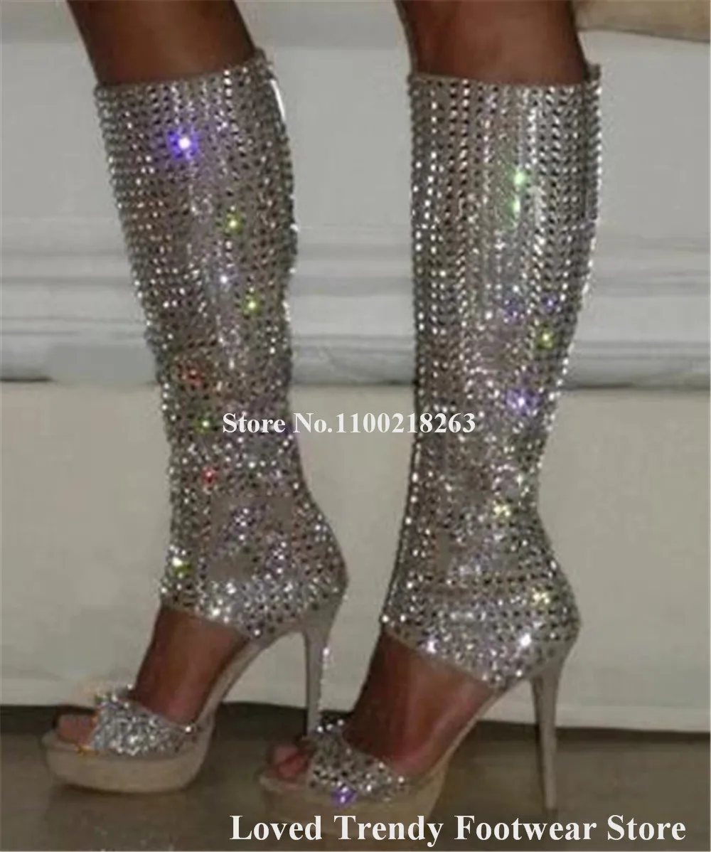 Bling Bling Silver Rhinestones Stiletto Heel Knee High Gladiator Boots Peep Toe Crystals High Platform Thin Heel Long Boots