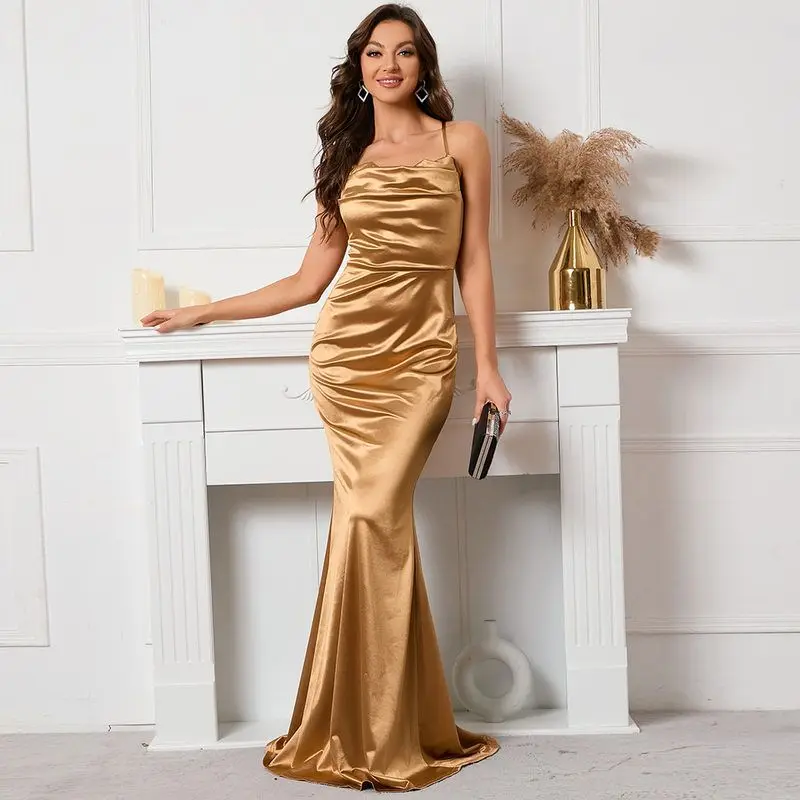 우아한 하이웨이스트 롱 새틴 가운, 스트랩 백리스 싱글 숄더 피쉬테일 드레스, 순색 중동 크로스보더