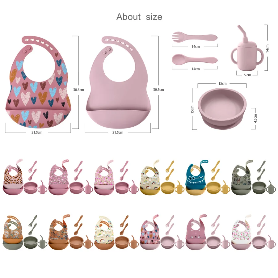 6Pcs/1Set Baby Feeding Dining Appliance Waterproof Bibs For Children Non-Slip Bowl Dinner Set Plates Spoon Fork Cup Baby Stuff