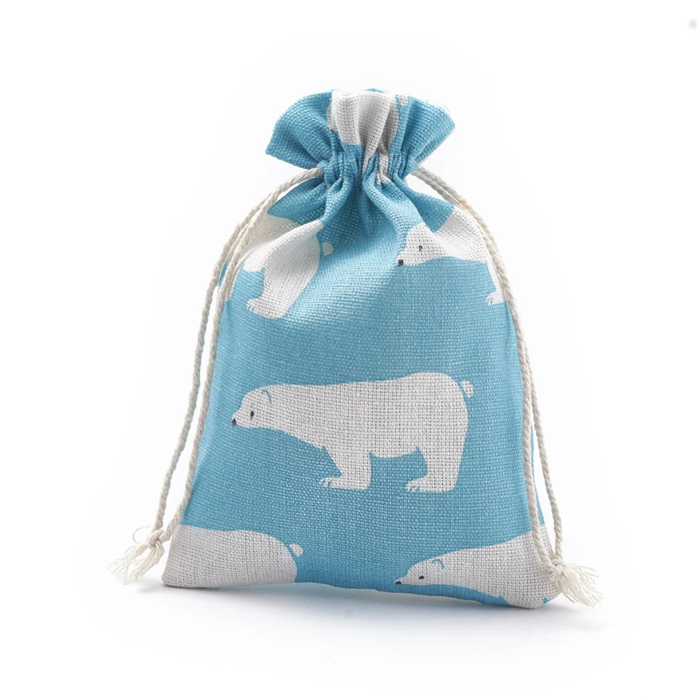 50Pcs Polyester Cotton Gifts Packing Pouches Printed White Bear Drawstring Bags For Candy Present Jewelry Wrapping Pouches