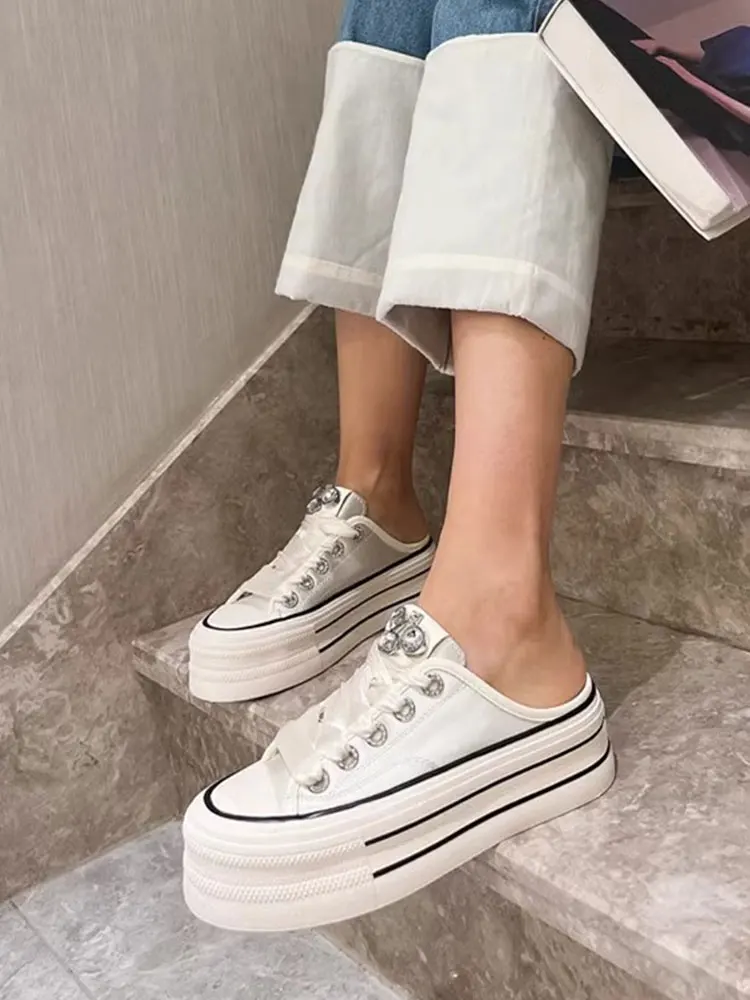 Women's Canvas Slip-On Shoes Spring 2026 Fashion Boosting Thick Bottom Low Cut Cross Buckle Diamond Embellished Korean Style