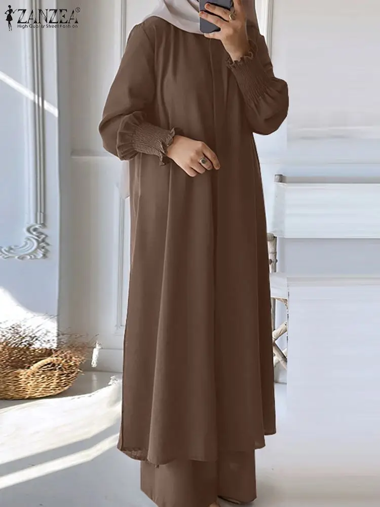 

Vintage Muslim Sets ZANZEA Women Fashion Long Shirt & Wide Leg Pant Sets Elegant Abaya Suits IsIamic Outfits Loose Matching Sets