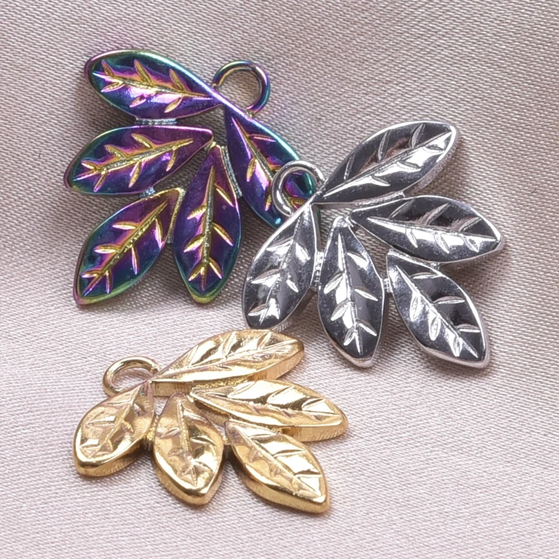 5pcs Plant Stainless Steel Leaves Pendants For Jewelry Making Supplies Metal Charms Breloques Acier Inoxydable Creation Bijoux