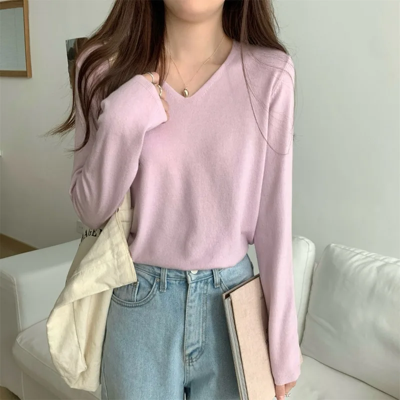 الطازجة أنيقة الخامس الرقبة فضفاضة طويلة الأكمام سترة قاع قميص للنساء العصرية الخريف التنقل البلوفرات الأعلى