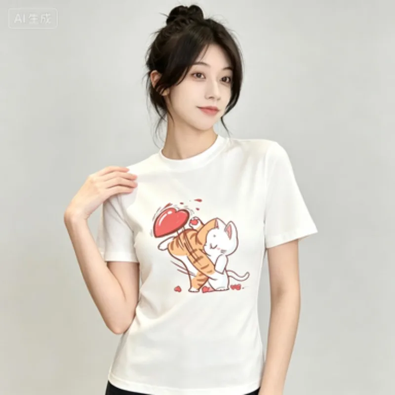 Modal Round Neck Tee Lovely White Cat Hitting Heart Graphic Print Romantic Sweet Matching‑Set Theme Casual Daily Female Short
