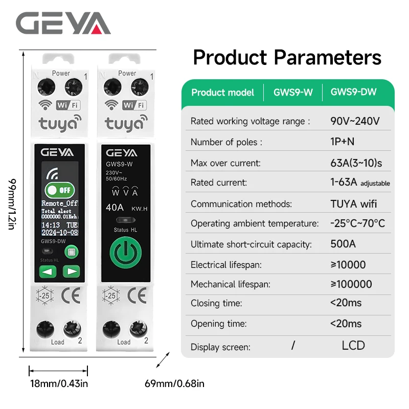 Picture 6: GEYA 1-63A Smart WiFi Circuit Breaker TUYA MCB with LCD Display ​SafetyOver Current Under Voltage Wireless Remote Control Switch