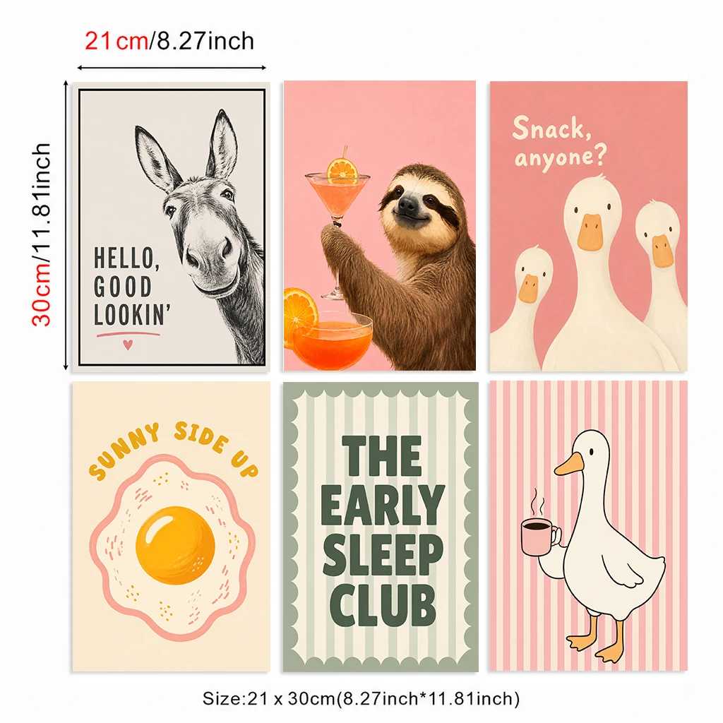 Set of 6 Funny Animal Canvas Poster Donkey Sloth Duck Goose Egg Quote Pink Stripe Wall Decor Home Bedroom Living Room Art