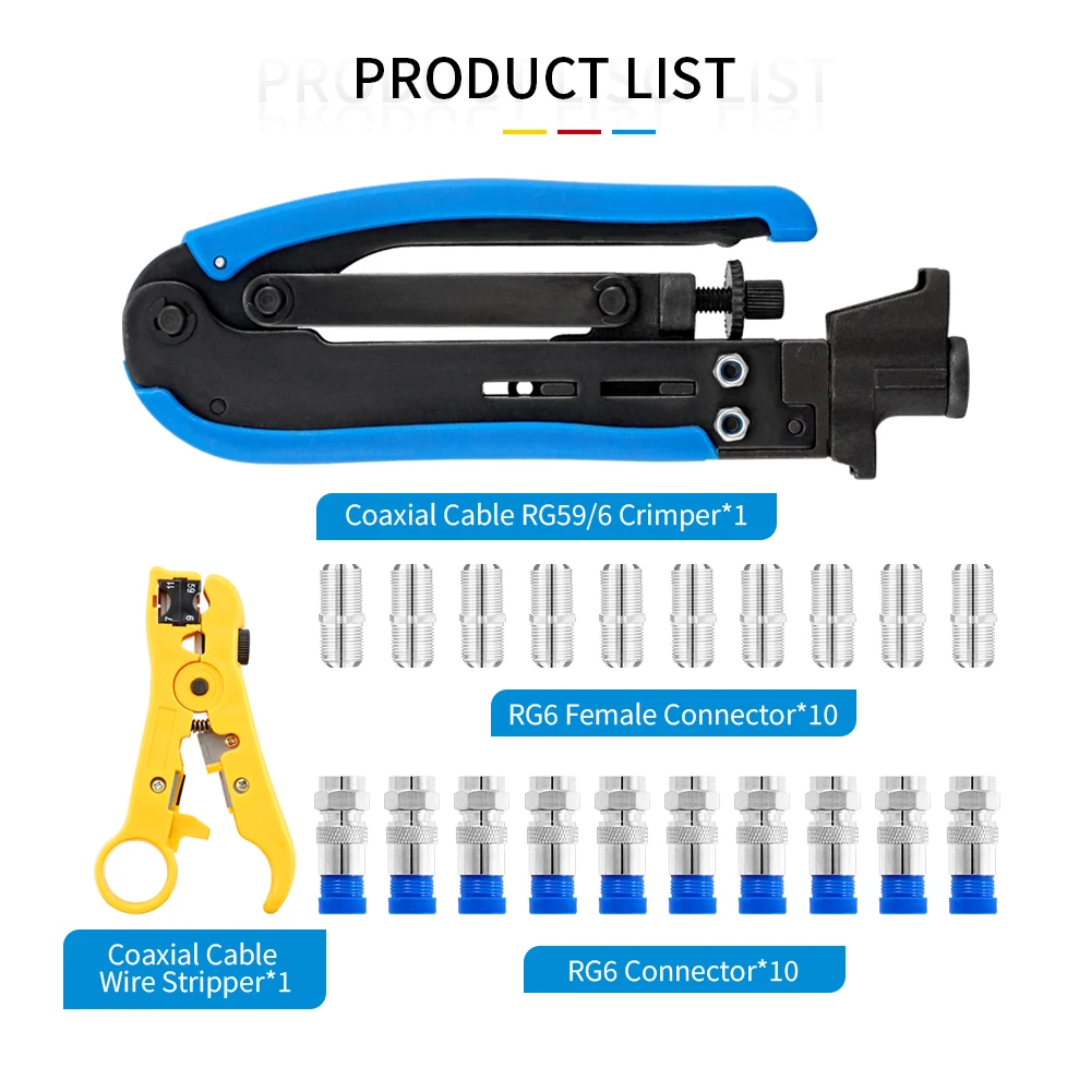 Compression Coax Crimper Tool Kit for RG6 RG59 RG11 Wire Stripper 20PCS RG6 Coaxial Connectors for Satellite TV CCTV