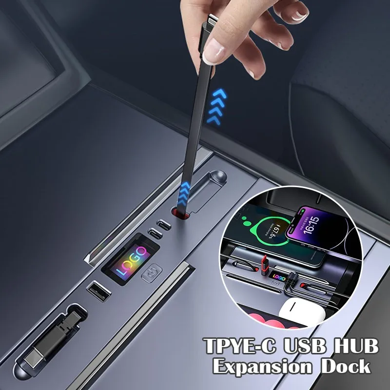 45W Central Control Fast Charging Retractable TPYE-C USB HUB Expansion Dock Car Adapter Powered Splitter Extension