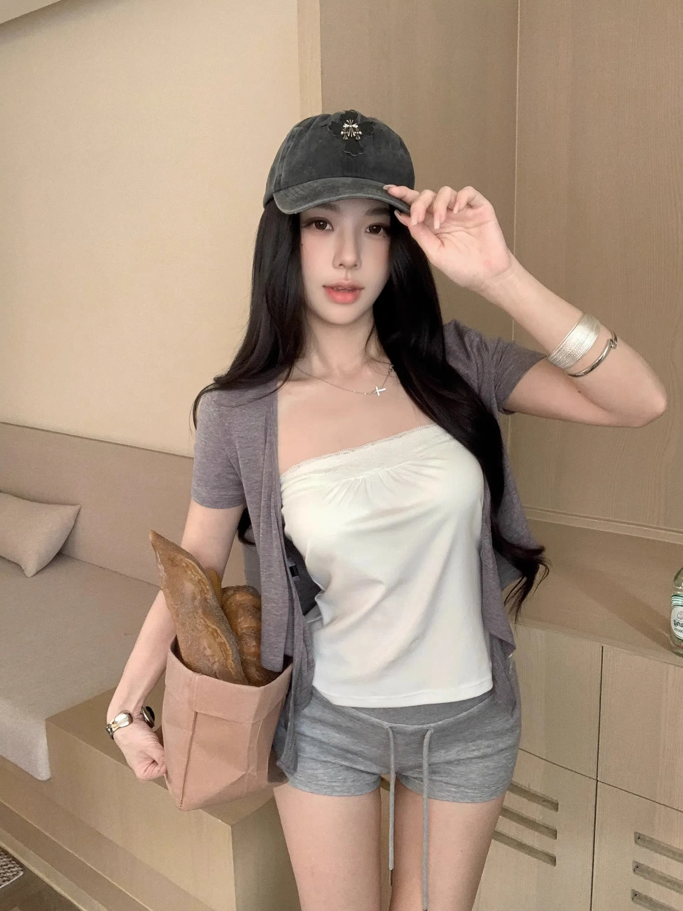 

Lazy Style Short Sleeve Open Cardigan Outerwear Slim Fit Camisole Tank Top Women Summer Casual Sport Pants Shorts Three Piece...