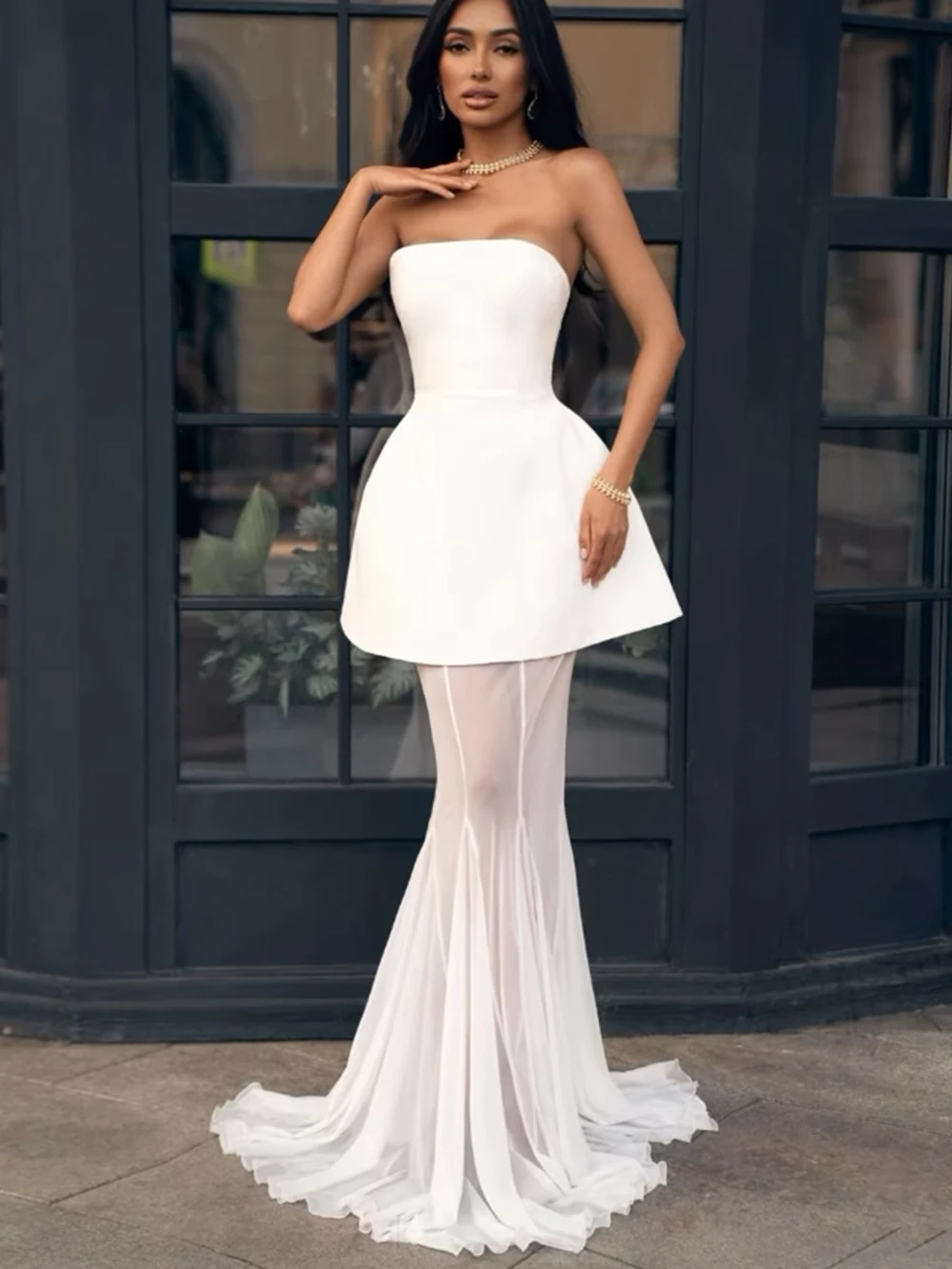 Modphy elegante boda Top de encaje blanco + falda de sirena de malla conjunto de vestidos largos adelgazantes de Color sólido sin tirantes para mujer