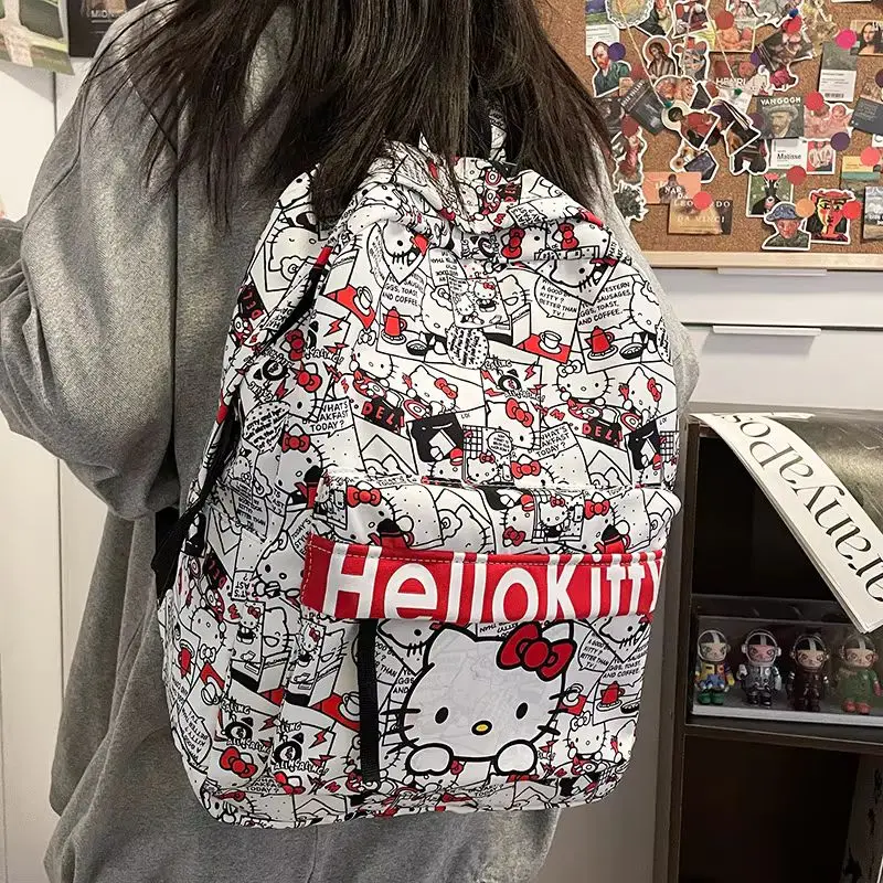 30cm Hello Kitty Cartoon Print Packback Casual Backpack Student School Soft Nylon Shoulder Strap Hello Kitty Cartoon Print