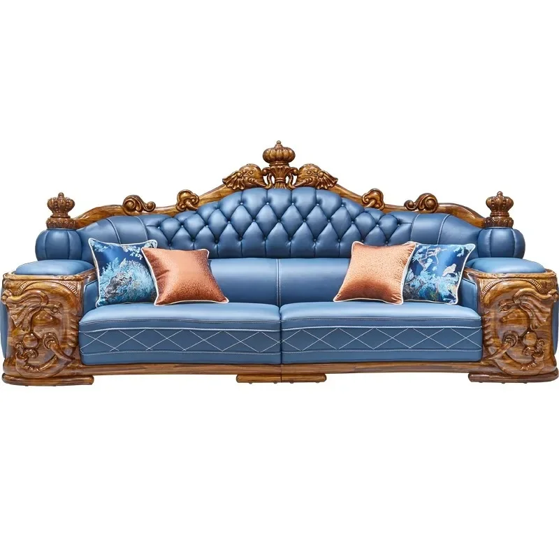 Villa ebony leather sofa, European solid wood elephant first-layer cowhide combination, large-sized carved high-end