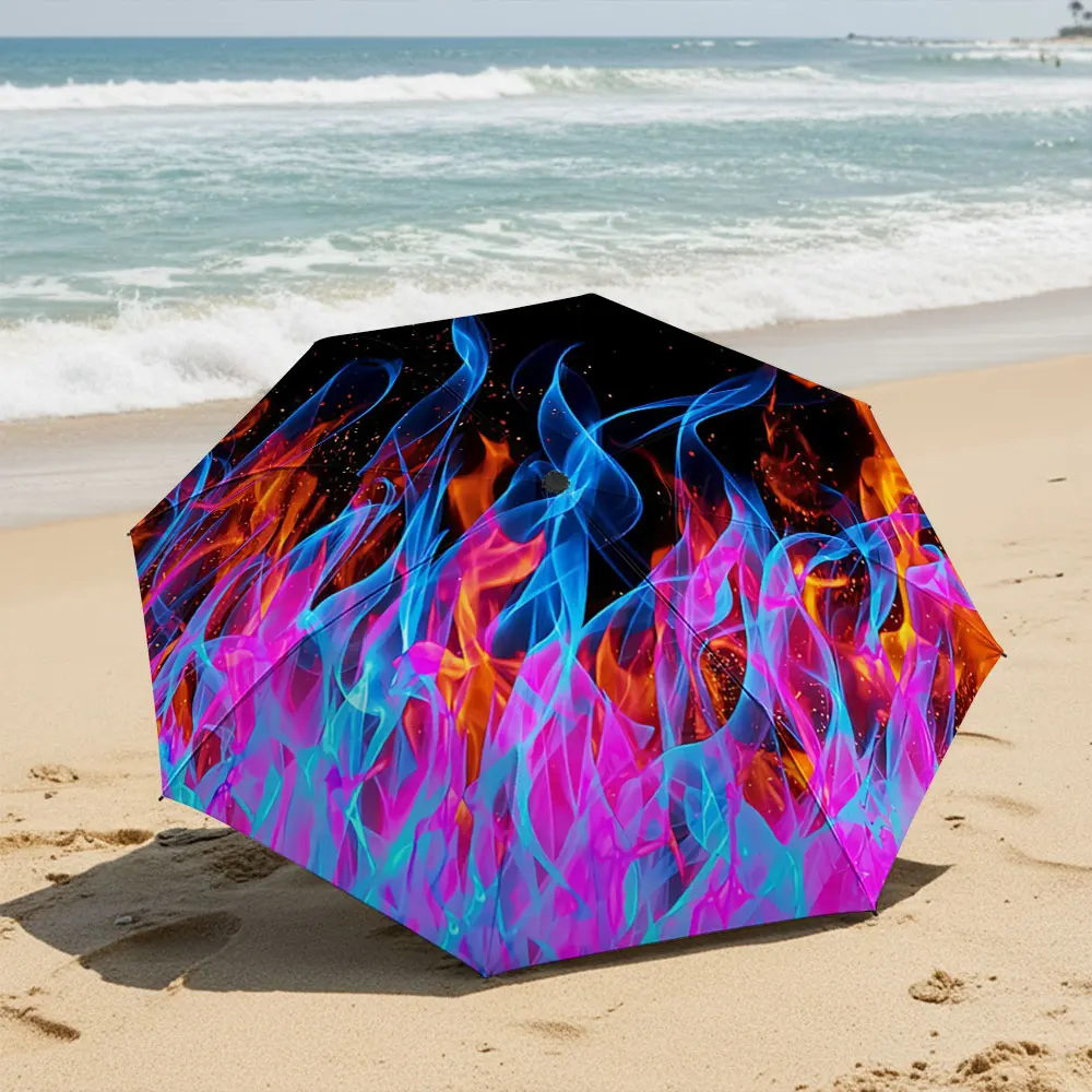 Rainbow Flames Design Umbrella - Multicolor Fire Pattern Compact Fashion Folding Umbrella for Daily Use, Christmas Gift