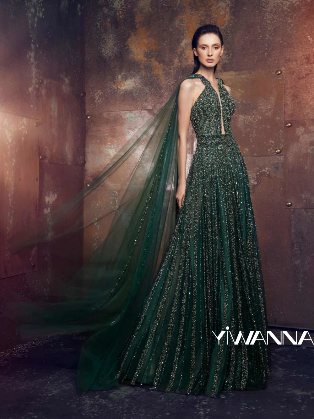 

Green Hand-sewn Beadeds Long Evening Dress With Cape Elegant A-line Tulle Wedding Party Gown Customized Luxurious Prom Gown