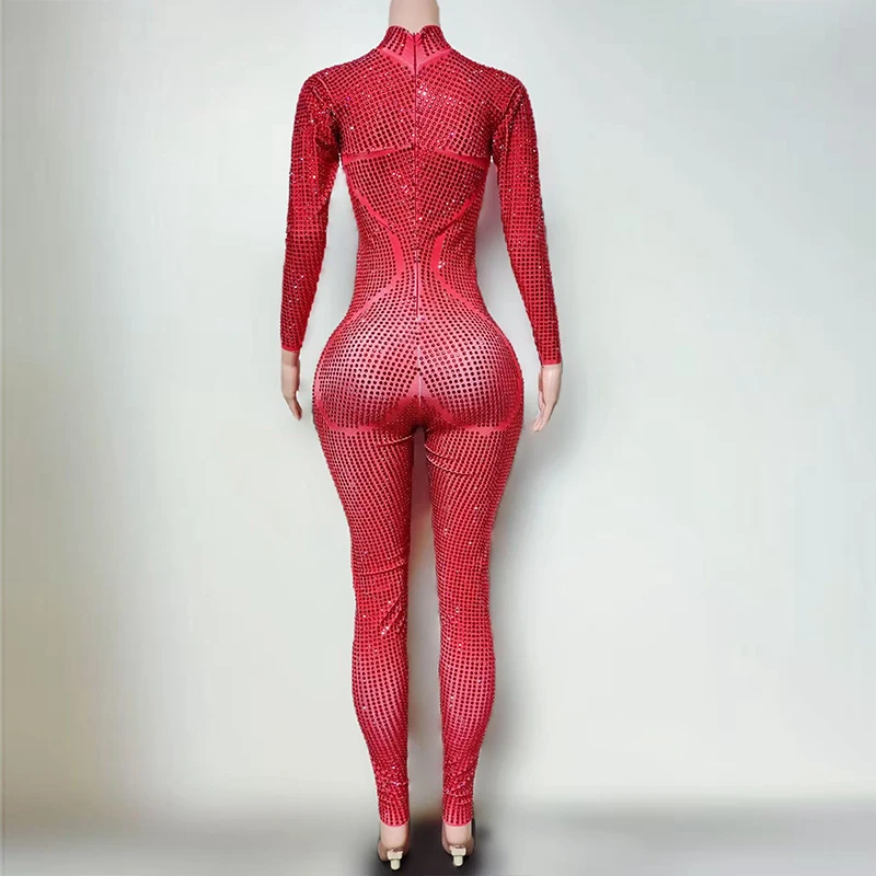 Strass Rode Lange Mouw Bodysuit Zanger Danser Prestaties Stadiumkostuum Ds Party Show Outfit Nachtclub Bar Dancewear yj015