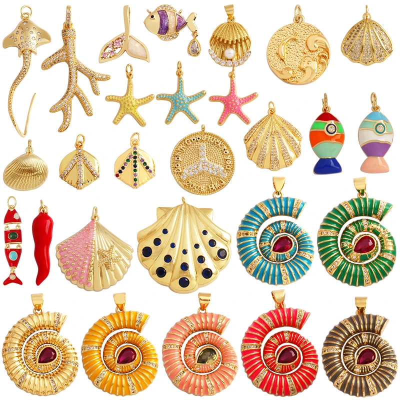 Colgante con dije de rama de Coral Nautil, concha de mar, organismo marino de pescado Monta Ray, suministros de joyería de circón chapado en oro P02