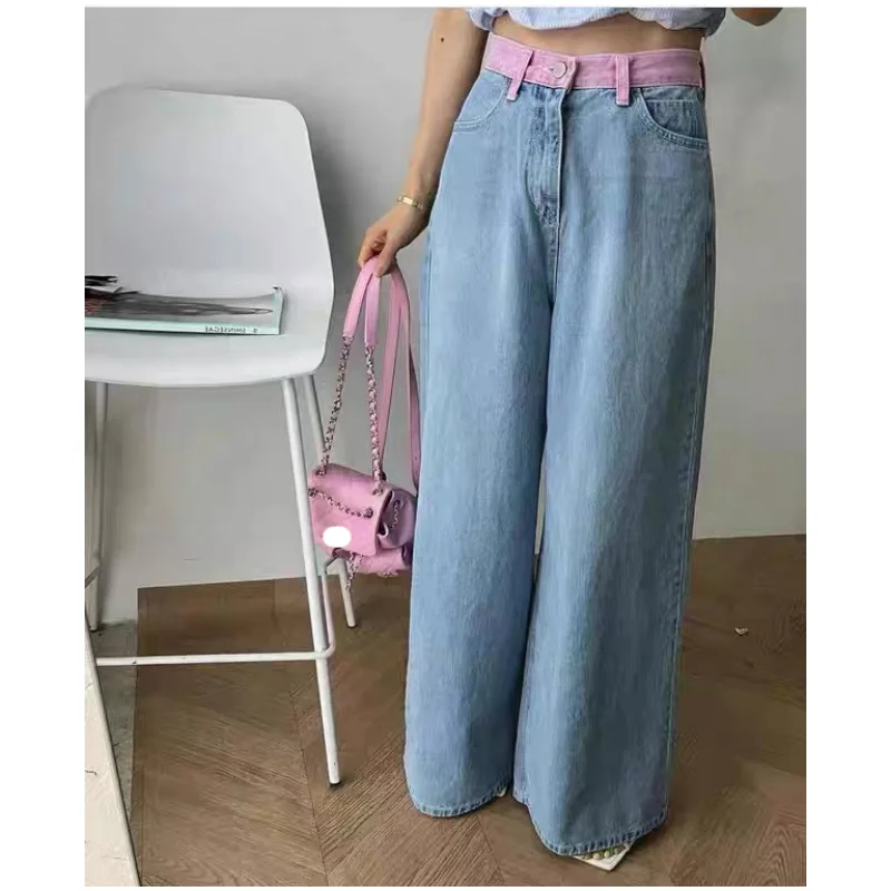 

Women Blue Jeans Spliced High Waist American Wide Leg Pants Y2K Style Fashion Streetwear Vintage Female Autumn Straight Trousers