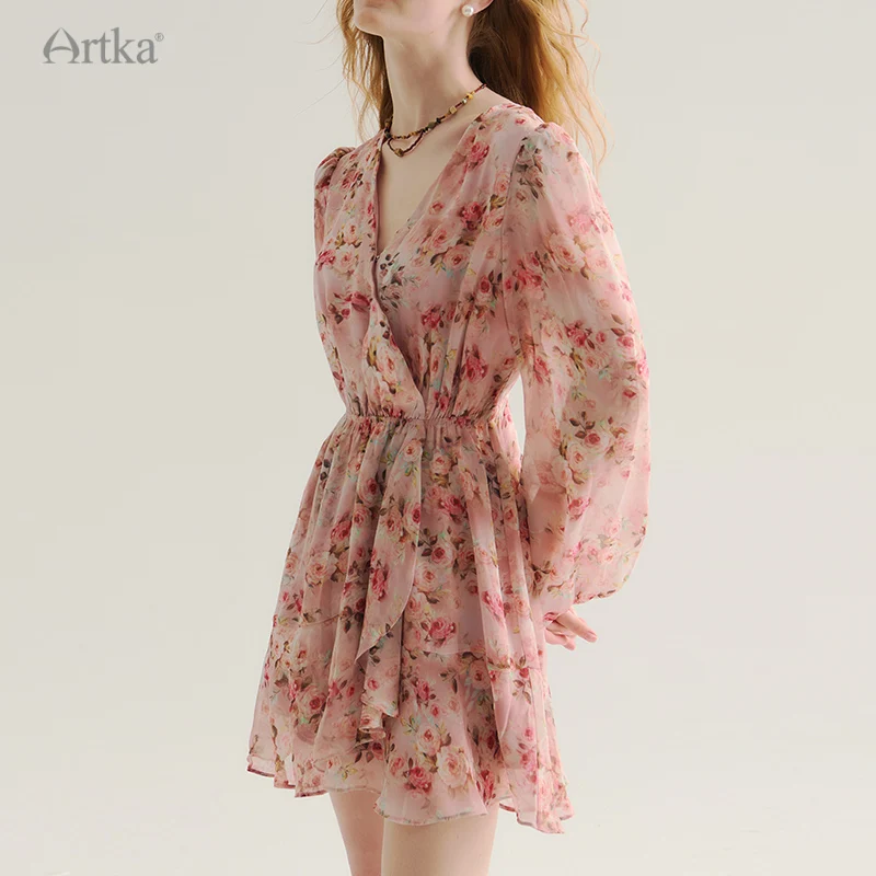 ARTKA 2024 Early Autumn New Women Dress Elegant Floral V-Neck Chiffon Dresses Long Puff Sleeve High Waist Dress LA92645Q