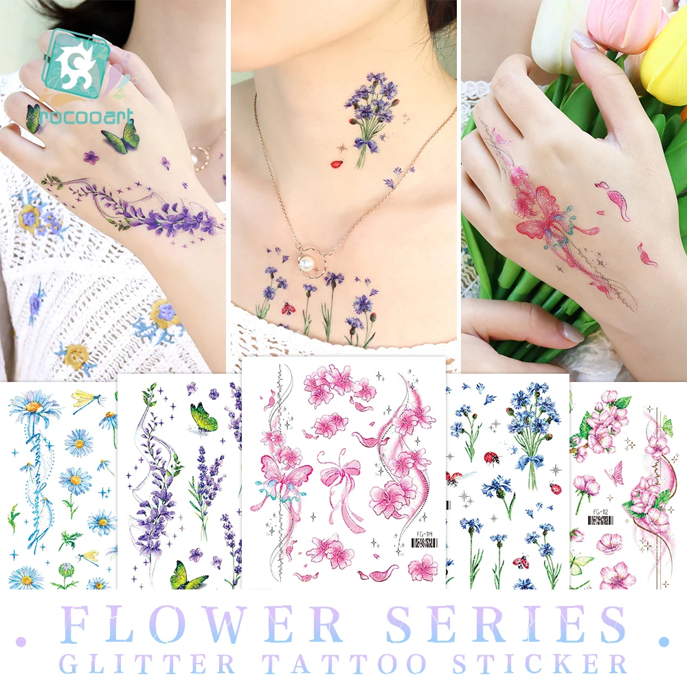 100pcs Colorful Tattoo Stickers For Women Instagram Style Glitter Flash Flowers Water Transfer Printing Scar Cover Stickers