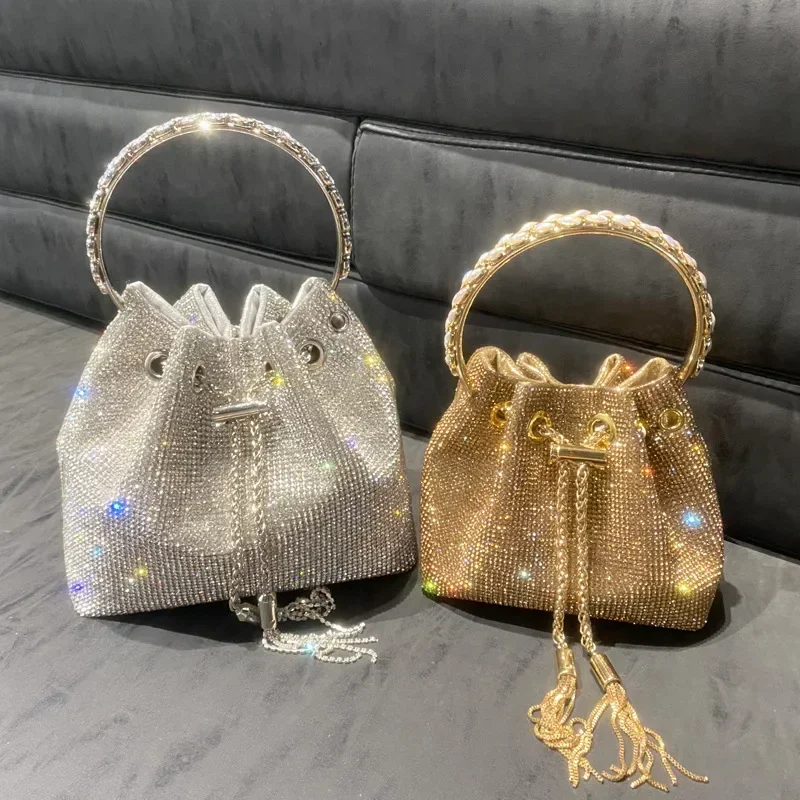 Pochette de soirée à pampilles et diamants pour femme, sac seau de luxe de créateur avec anse en métal et chaîne, orné de cristaux brillants, pour mariée, mariage et fête