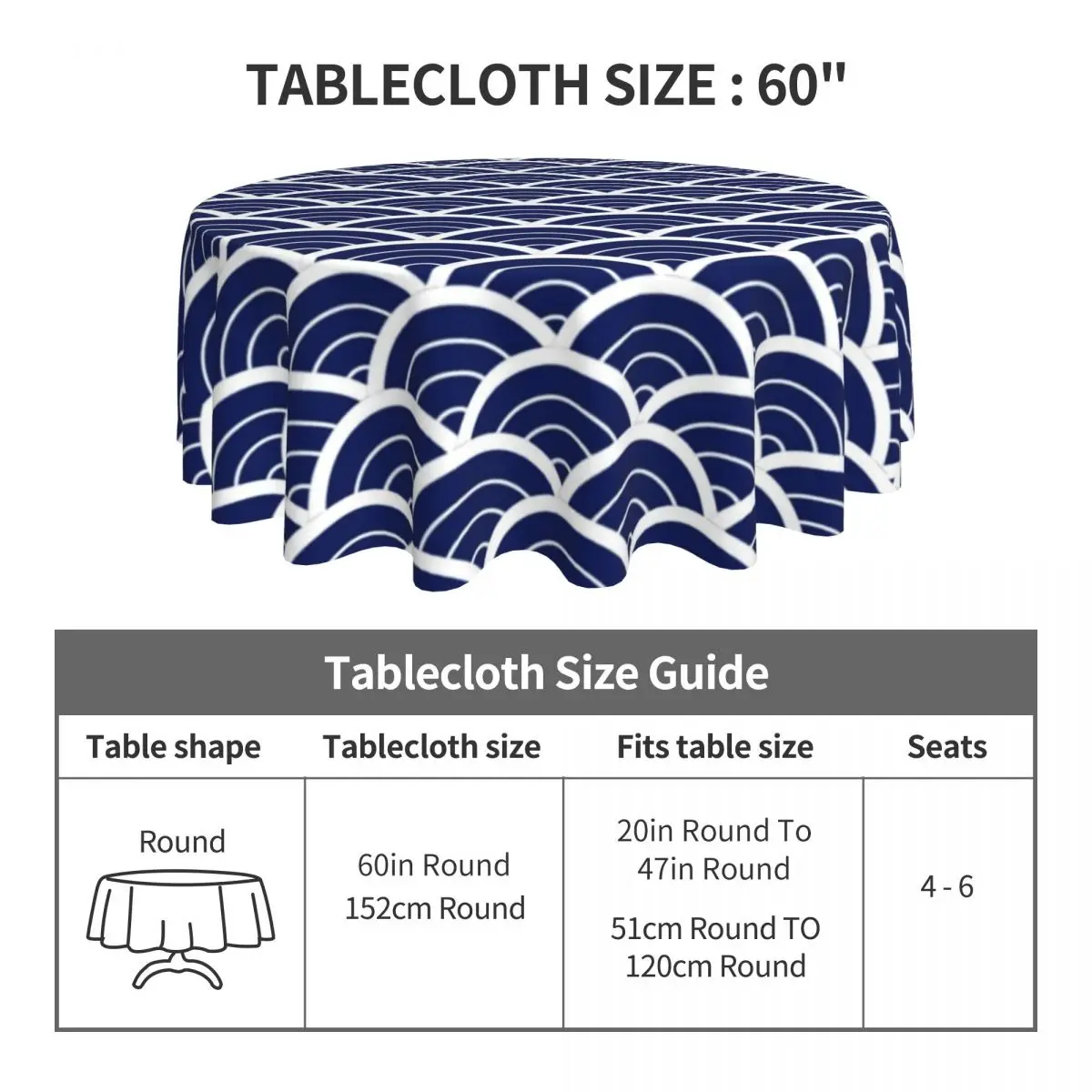 Seigaiha Print Round Tablecloth Vintage Blue Wave Printed Table Cover For Living Room Dining Retro Protector Table Cover