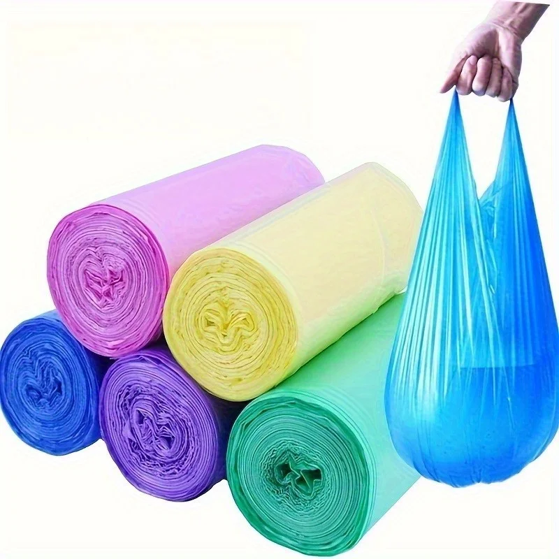 90 Stück/3 Rollen bunte tragbare Müllbeutel mit Griff – Einweg, vielseitig einsetzbar, für Büro, Badezimmer, Haushaltsreinigung