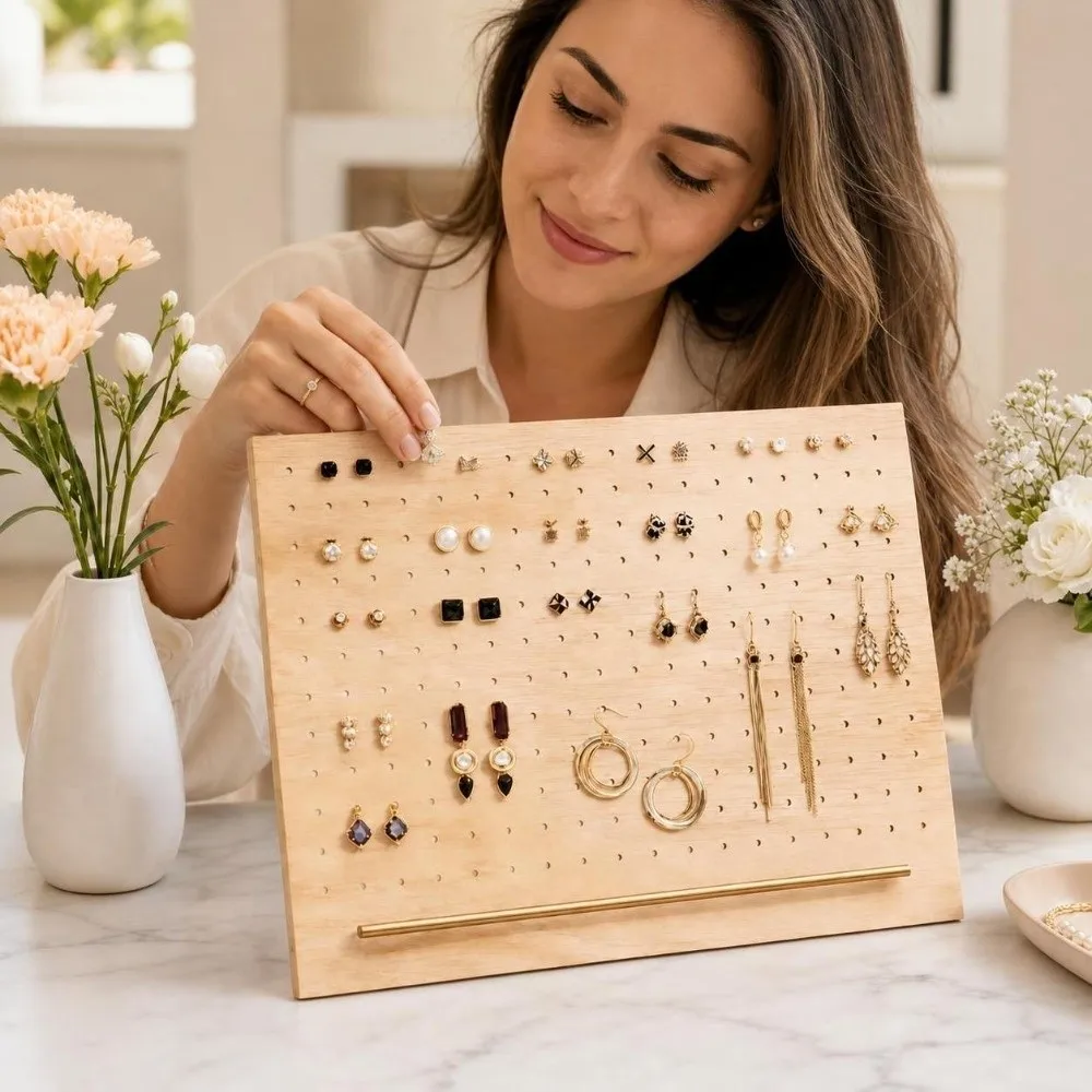 Ornaments Wood Earring Holder With Base Large Capacity Earring Stand Porous Jewelry Display Board Shop Display
