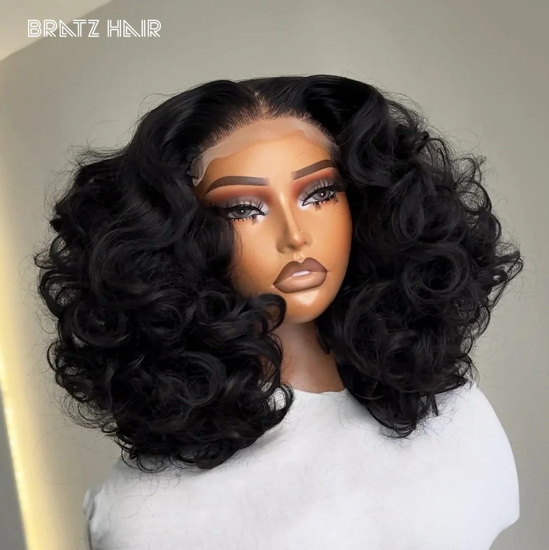 

Парик из натуральных человеческих волос 5x5 Closure Bouncy Curly Bob, предварительно выщипанный, натуральный черный, с лёгкой волной, парик с HD-кружевом 13x4, плотность 300%