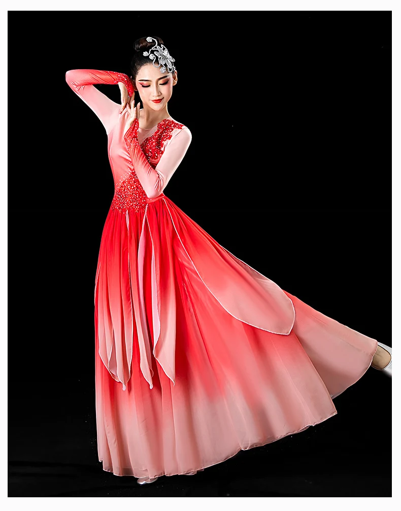 女性のためのクラシックダンスの衣装、hanの衣装、大きなスイングスカート、モダンなオープニング、ファン