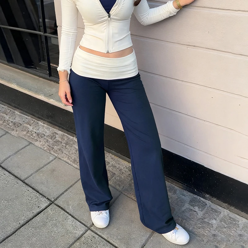 OMSJ Comfort Yoga Out Door Contrasterende broek Elastische taille Vrije tijd Rechte broek Bodems Mode Retro Vrouwelijke streetwear