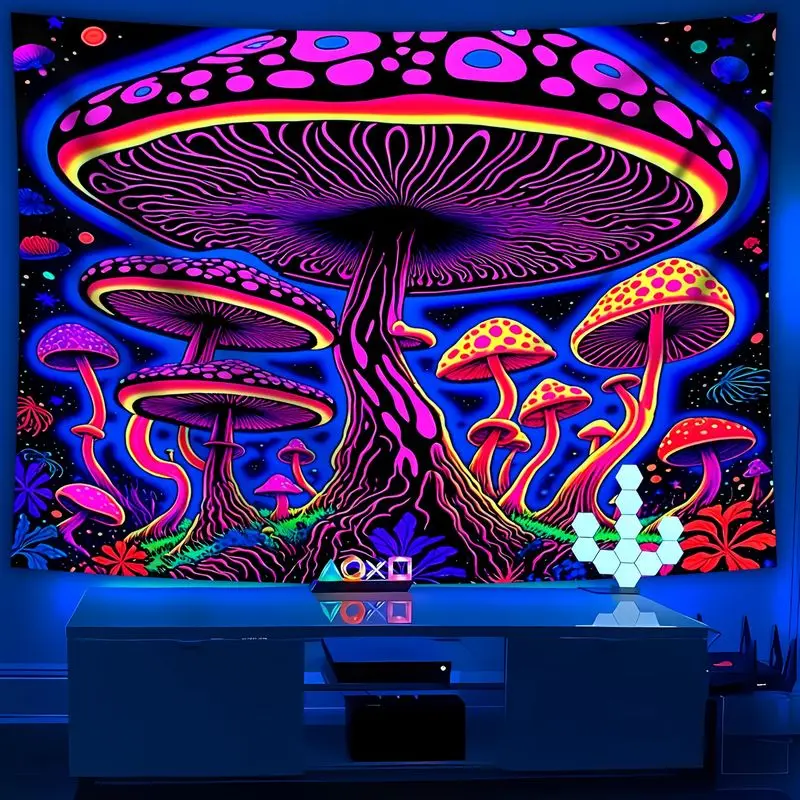 VIKAMA Blacklight Giant Mushroom Tapestry Neon Pink Purple Trippy Wall Hanging UV Reactive Hippie Indie Bedroom Decor