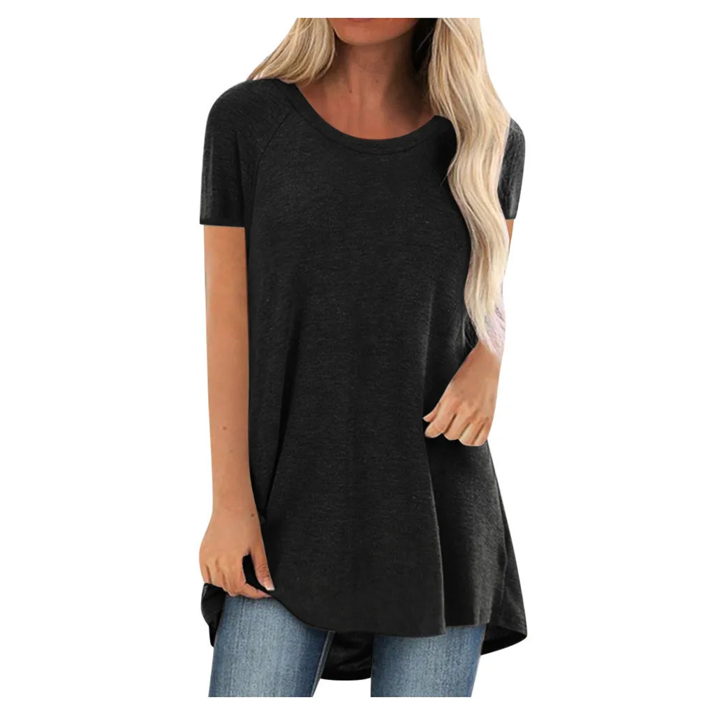 Plus Size 2022 New Women\'s Tunic Soild Fashion Long Shirts Round Neck Short Sleeve Casual Blouses Summer Women Clothing Blouse