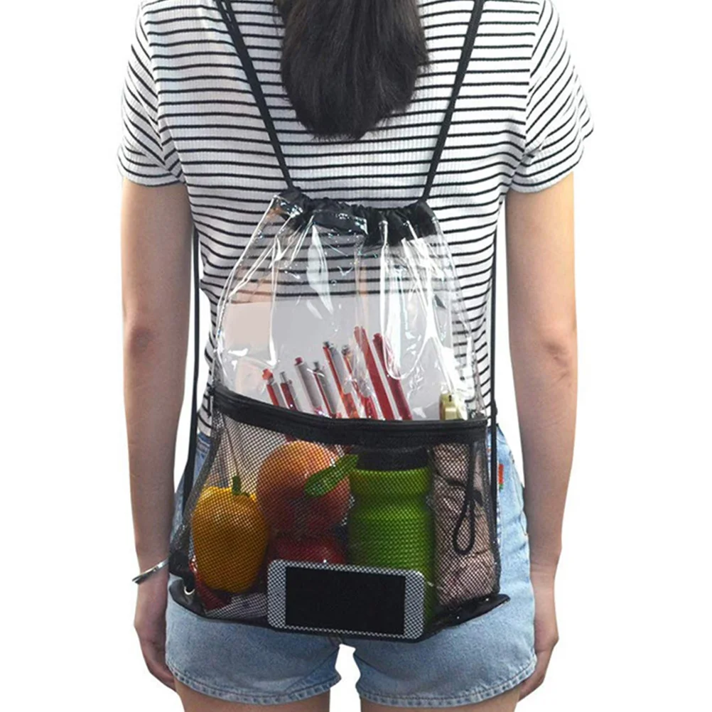 2Pcs Waterproof Drawstring Beach Bag Transparent Travel Pouch Clear Mesh Sports Bag for Gym Swimming Storage Organizer