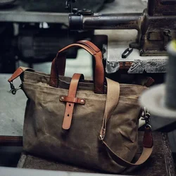 Oil Wax Cloth Canvas Men‘s Bag Transverse Solid Color Vintage Shoulder Cross Man Bag Laptop Travel Briefcase Handbags for Men