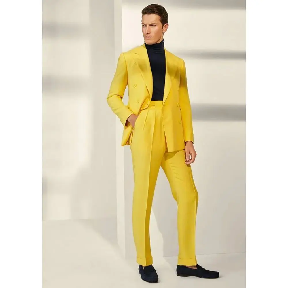 

Yellow Men Suit 2 Piece High Street Peak Lapel Double Breasted Outfits Chic Casual Party Prom Wedding Set